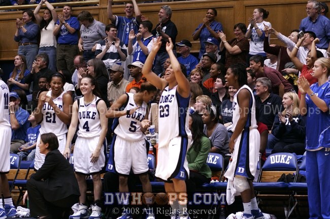 Duke bench celebrates Emily's trey