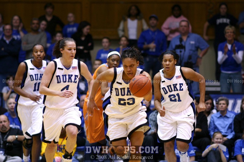 Here Comes Duke!  Wanisha Smith leads the break after a defensive board.