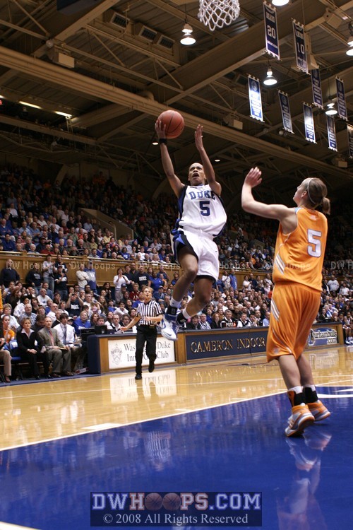 Jasmine Thomas soars on a fast break layup that put Duke up  by three - but Bjorklund erased that lead on the next possession.