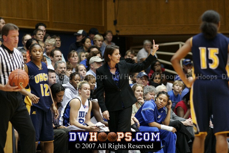 Coach Joanne P. McCallie, in her first regular season home game at Duke, calls the defense
