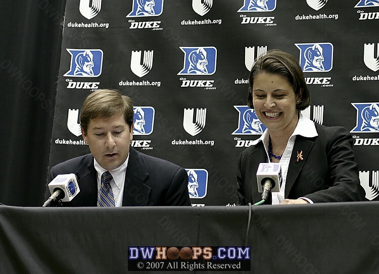 Women's Basketball SID Lindy Brown introduces the panel of Coach Joanne P. McCallie and Athletics Director Joe Alleva