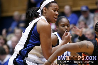 Joy Cheek (left) and Karima Christmas in the Duke full court press
