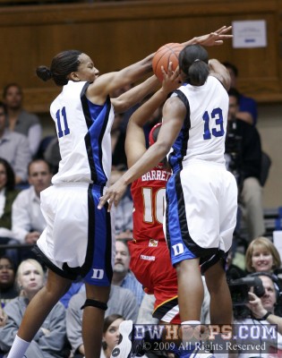 Duke's defense swarms over Anjale Barrett, Black is credited the block
