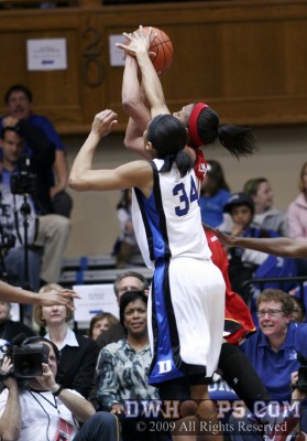 Krystal Thomas should have gotten a block on this Marissa Coleman miss during Duke's 13-0 first half run