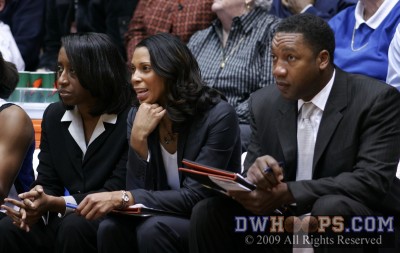 Samantha Williams, Shannon Perry, and Robert Brickey on the Duke bench