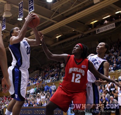 On Duke's fourth shot of the trip, Lynetta Kizer gets Joy Cheek on the elbow.  Joy made one of two free throws for Duke's largest second half lead -  - D21.O12.D11;2, 17:17, 41-29
