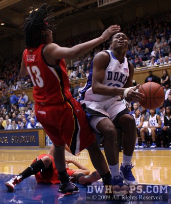With the game tightening up after back-to-back Maryland threes, Karima Christmas draws another foul from Liles