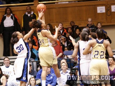 Carrem Gay blocks Iasia Hemingway's shot - Gay had three first half blocks, while Tech only had four first half field goals.