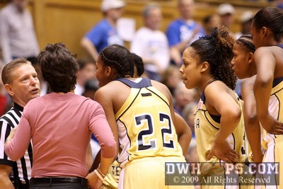 Georgia Tech sophomore Alex Montgomery pleads her case to referee Joe Cunningham after he whistled her for a technical foul