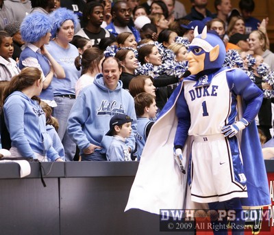 The Blue Devil confronts Carolina fans on the student side of Cameron.  We'd rather see dark blue fill that section.