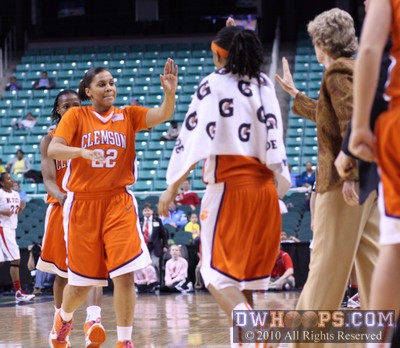 Sthefany Thomas comes off the court after a Clemson run put them in position to take the lead -  - 