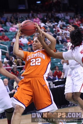 Amber White fouls Sthefany Thomas, whose three point play gave Clemson the lead -  - 