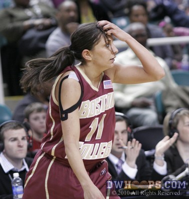 Jaclyn Thoman with a hair adjustment in the process of bringing up the ball for BC -  - 