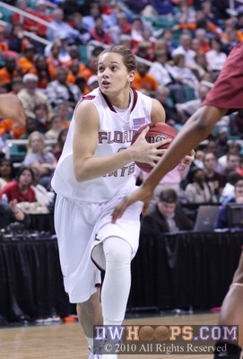 FSU's Alexa Deluzio eyes the basket while driving into the lane -  - 